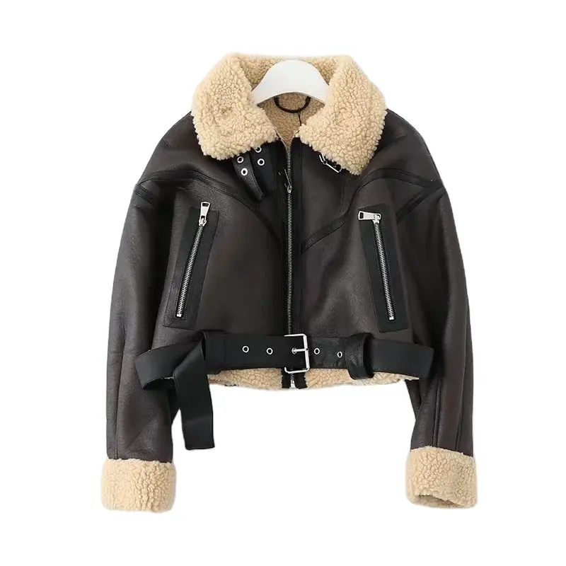 Spring Winter Women Streetwear Faux Lamb Leather Fur Short Jacket With Belt Thick Warm Sheepskin Coat Outwear