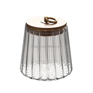 Transparent borosilicate clear glass spice storage jars with wooden lid