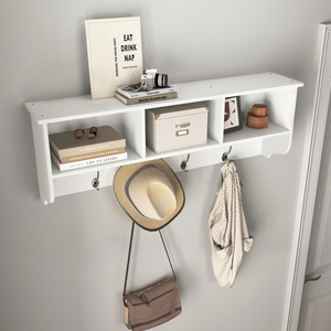 White Entryway <b>Wall</b> Mounted Coat Rack With 4 <b>Hooks</b> Wooden Storage Shelf For Living Room - Product Image 3