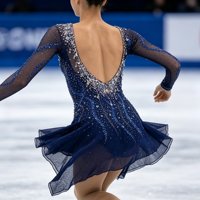 Robe de patinage artistique bleu foncé avec strass, manches longues en maille, costume de performance pour adultes et enfants, tenue de compétition de patinage