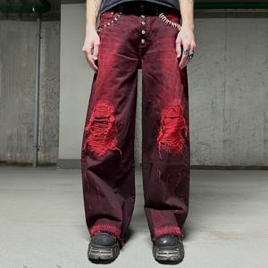 Vintage BrandLogo Customized <b>Burgundy</b> Baggy Straight <b>Jeans</b> for Men Distressed Denim Rivets Y2K Style for Autumn/Winter Seasons - Product Image 5