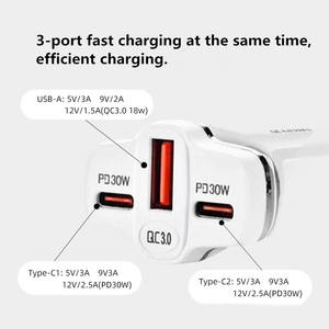 Хит продаж: автомобильное зарядное устройство 60 Вт с <span class=keywords><strong>3</strong></span> портами (2 Type-C + 1 USB), быстрая зарядка QC PD30W, защита от перегрева и перенапряжения - Product Image 2