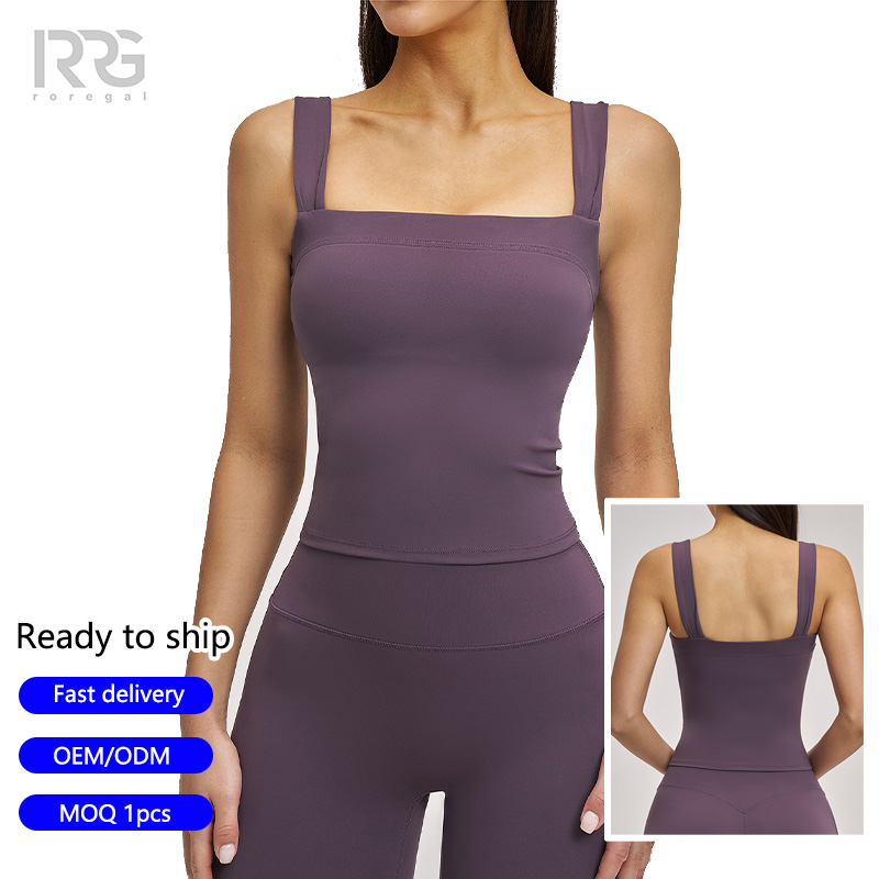 Roregal Hot Sexy Women's Square Neck Yoga Crop Top Sports Gym Fitness Wear Yoga Tank Top With Chest Pad for Women