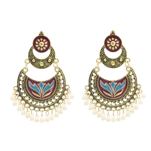 Ethnische Rosa Blumen-Halbmond-Ohrringe Bollywood Kundan Jhumka Böhmische Perlenohrringe für Damen Hochzeit - Product Image 1