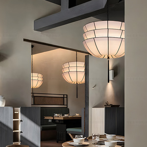 Lampe suspendue de style japonais, ronde, en tissu noir, LED E27, pour restaurant, hôtel, chambre privée, maison d'hôtes - Product Image 4