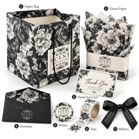 Sac de shopping personnalisé à imprimé floral avec poignées en corde, boîte cadeau carrée à fleurs avec poignée, noir et blanc, pour boutiques, cadeaux de détail