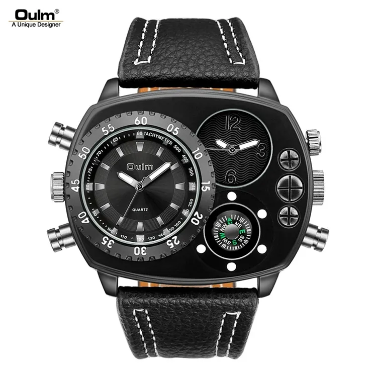 OULM 9865 Special Style Leather Strap Wrist Watch For Men Compass Japan Movement Fashion Sport Quartz Watch