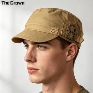 Custom Logo <b>Flat</b> Top Cadet Style Cap Wholesale Bulk Canvas Workwear Adjustable <b>Hat</b> With Side Metal Buckle Manufacturer - Product Image 1