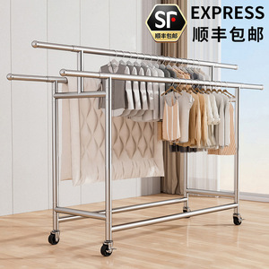 Séchoir à linge télescopique en acier inoxydable à double barre, sur pied, portable, pour balcon extérieur, avec roulettes - Product Image 4