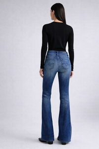 SHENGFU <span class=keywords><strong>Jean</strong></span> en denim évasé taille haute <span class=keywords><strong>push</strong></span>-<span class=keywords><strong>up</strong></span> pour <span class=keywords><strong>femme</strong></span>, coupe slim, extensible, élastique, vintage, délavé, sculptant, pantalon de mode OEM - Product Image 2
