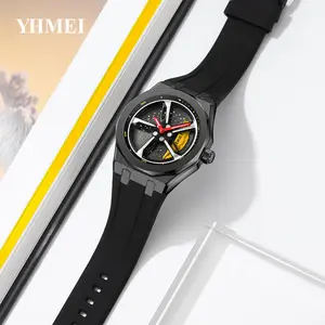 Creative Men Car Wheel Watch Breathable Holes Silicone Band Quartz Watches men's wristwatches Spin Dial Steel Men Watch YHMEI