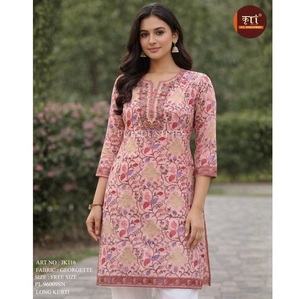Hot Sale Women Pink Georgette <b>Kurti</b> Stylish Designer With Lightweight Fabric For Casual Party And Festive Wear Indian Supplier - Product Image 1