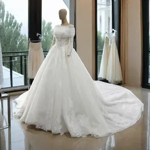 Long Sleeve Wonderful A Line Skirt Fuller Bridal Gown Long Train Wedding Dress