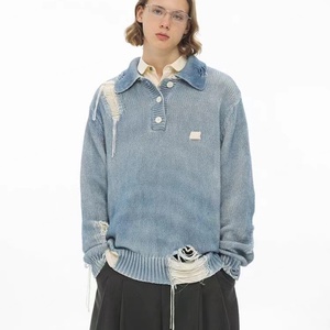 Suéter de Punto con Cuello Polo, Lavado y Teñido para Darle un Aspecto Desgastado con Orificios y Flecos, Precio de Fábrica - Product Image 4