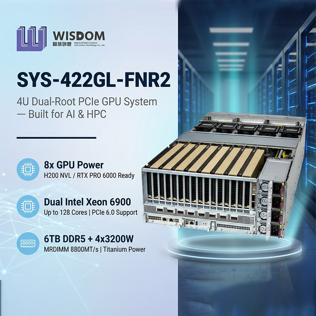Supermicro SuperServer SYS-422GL-FNR2 4U Dual Intel Xeon 6900 6TB DDR5 PCIe 6.0 8 GPU H200 RTX PRO 6000 LLM AI Computing Server