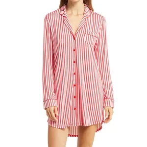 Kadın pijama kadınlar için en kaliteli zarif kırmızı şerit baskı Nightie pijama uzun Nightshirt