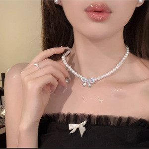 Pearl Necklace Bowknot Choker Gold Silver Beads Party Daily Wear Fashion Jewelry Accessory - Product Image 3