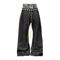 Jean en denim brut à double taille imprimé léopard, coupe incurvée, empilé, haute qualité, personnalisé, pour homme, coupe baggy, pour femme, de créateur