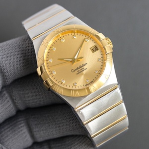 Montre pour homme Omegaes haut de gamme et luxueuse, mouvement mécanique automatique, bracelet en acier inoxydable, cadran à motif soleil doré - Product Image 3