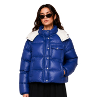 Veste matelassée bicolore brillante pour femme, bleu cobalt, isolée, à capuche, pour l'hiver, avec fermeture à pression, poche cargo