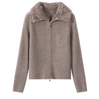 Cardigan en laine pure à 100 % pour femme, col en polaire moelleux, veste en tricot côtelé, pull à double fermeture éclair pour femme