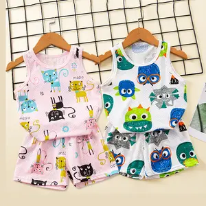 Children's vest suit thin mesh sleeveless shorts two-piece cartoon cotton home service for boys and girls