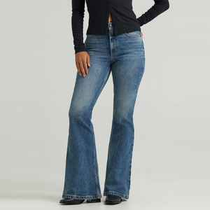 Nouveautés : Pantalon en jean évasé tendance avec logo client, taille haute, boutons élastiques, couleur unie - Product Image 3