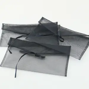 Linna Custom Size Print Logo Accept Black Tie String Ribbon Organza Packaging Clutch Envelope Bag