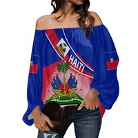 Nouveau produit : Blouse en mousseline asymétrique pour femme, motif drapeau d'Haïti, style créateur de mode, haut sexy à manches longues personnalisé, impression à la demande