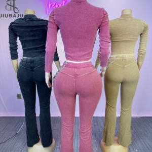 Completo Due Pezzi a Costine alla <span class=keywords><strong>Moda</strong></span> da <span class=keywords><strong>Donna</strong></span>: Top Corto a Maniche Lunghe con Cerniera e Patchwork e Pantaloni - <span class=keywords><strong>Abbigliamento</strong></span> Streetwear Femminile - Product Image 2