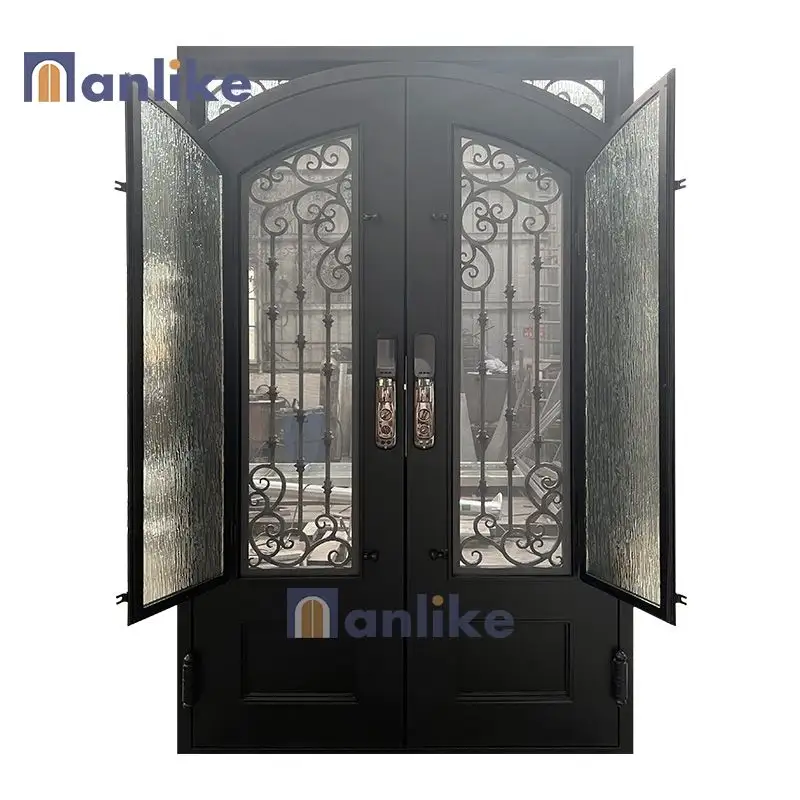 Porta de entrada de ferro forjado exterior preto contemporâneo com tela mosquiteira, novo design principal de Qingdao