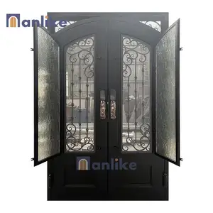 Anlike Qingdao Main Front Design New Contemporary Black Exterior Puerta de entrada de hierro forjado con mosquitera