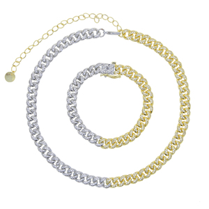 Micro pavé de 7mm de circonia cúbica para mujer, joyería punk de hip hop, cadena de eslabones cubanos de oro y plata de dos tonos, conjunto de joyería - Product Image 1