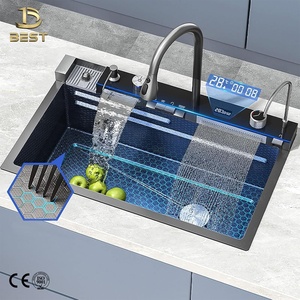 Évier de cuisine de luxe fait à la main avec robinet en acier inoxydable anti-rayures bol unique noir carré sous plan moderne - Product Image 1
