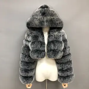 Winter Fashion Real Fox Fur Crop Top Coat Thick Warm Long Sleeves Short Women Fur Coat Blackfrost Fur Jacket With Hoodie