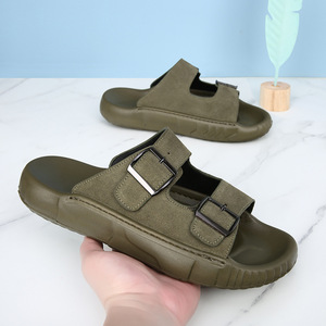 Pantoufles d'intérieur en faux daim de couleur unie avec boucle, bout ouvert, semelle extérieure en EVA antidérapante, tongs confortables pour l'été - Product Image 1