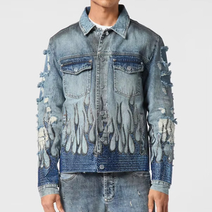Wholesale Streetwear Custom Design Fashion Men'<strong>s</strong> Denim <strong>Jacket</strong> Distressed Rhinestone Heavyweight Denim <strong>Jean</strong> Zip <strong>Jacket</strong> for Men - Product Image 1