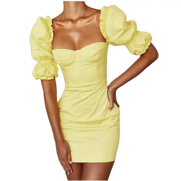 थोक कश आस्तीन Bodycon पोशाक विंटेज सुरुचिपूर्ण पार्टी पोशाक पीले कोर्सेट गद्देदार सेक्सी मिनी कपड़े