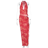 Robe longue sexy à col halter profond en V et volants pour femme, sans manches, dos nu, taille haute, moulante, imprimé floral, ensemble formel