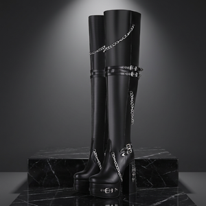 <b>High</b> Quality Black Y2K Rivet Punk Gothic Thick Sole Block Heel Plus Size 44 Women Over The <b>Knee</b> Boots - Product Image 1