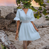 Robe décontractée pour femme, col en V, taille en dentelle, style bohème, manches courtes, couleur unie, design ajouré, pour la plage, fête, meilleure robe unie teinte en automne