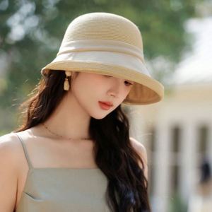 Patchwork Breathable Raffia Straw Hat Rolled Edge <b>Sunscreen</b> Fisherman Hat Travel Vacation Sun Hat - Product Image 2