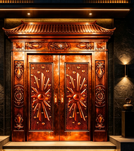 Porte d'entrée principale de villa ou de manoir, moderne et luxueuse, en acier inoxydable décoratif, double porte de sécurité avec finition en cuivre rouge - Product Image 4