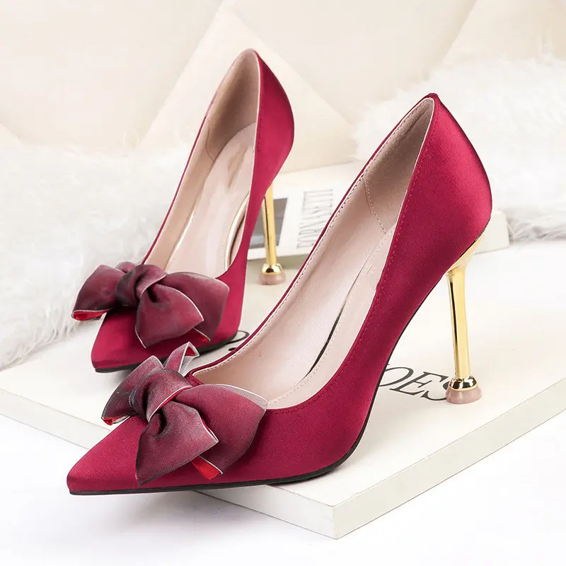 Sapatos de salto alto feminino stiletto, sapatos delicados de laço fofo, ponta fina para mulheres, vestido de festa