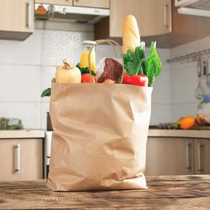 Sacs en papier kraft marron et blanc avec poignées adaptés aux sacs à provisions de petites entreprises - Product Image 5