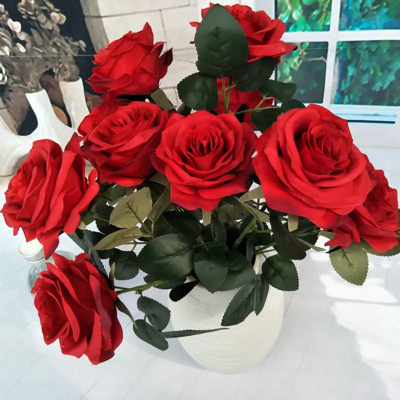 Large Collection of 10 Heads Real Touch Artificial Roses Wholesale Red Roses for Wedding Decoration for Christmas Celebration