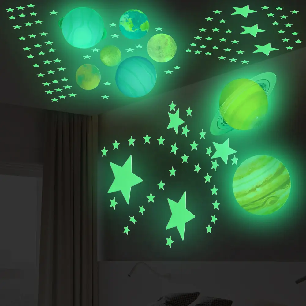 100 pcs per box Planet Stars Wall stickers glow in the dark fluorescent 3D stickers for Kids Room Decoration