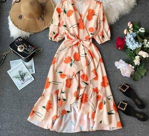 Vestido de Verano para Mujer, Estilo Europeo y Americano, Escote en V Profundo, con Volantes, Floral, Tejido a Crochet, Largo hasta la Rodilla, Cintura Alta - Product Image 1