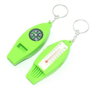 Sifflet de survie d'extérieur 4-en-1 avec boussole, loupe et thermomètre – Équipement compact d'urgence en plastique gris avec porte-clés - Product Image 3