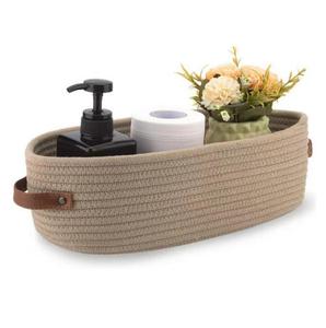 <span class=keywords><strong>Panier</strong></span> de rangement ménager ovale avec poignée en cuir corde de coton tissé pour le rangement des jouets de la pépinière et de la salle de bain - Product Image 1